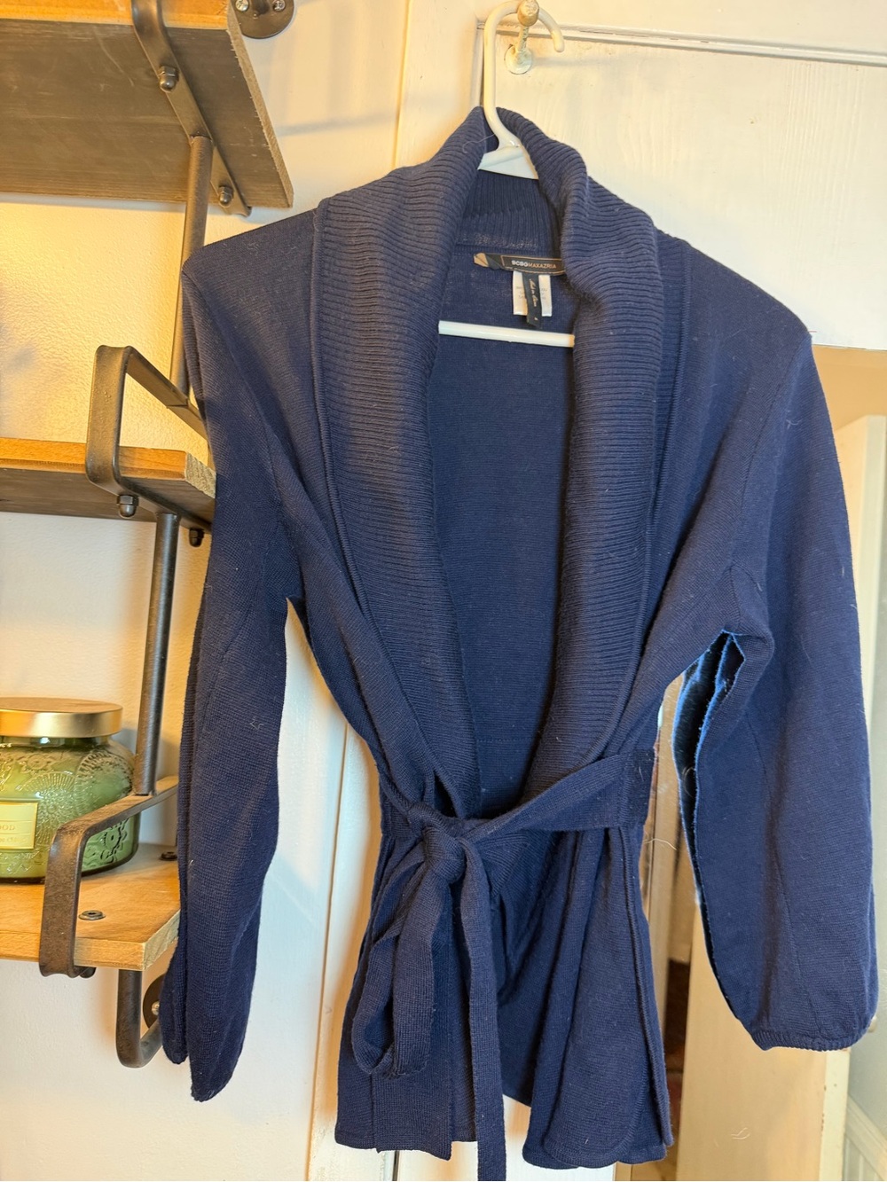BCBGMaxAzria Wool Navy Shawl-Collar Tie-Waist Cardigan